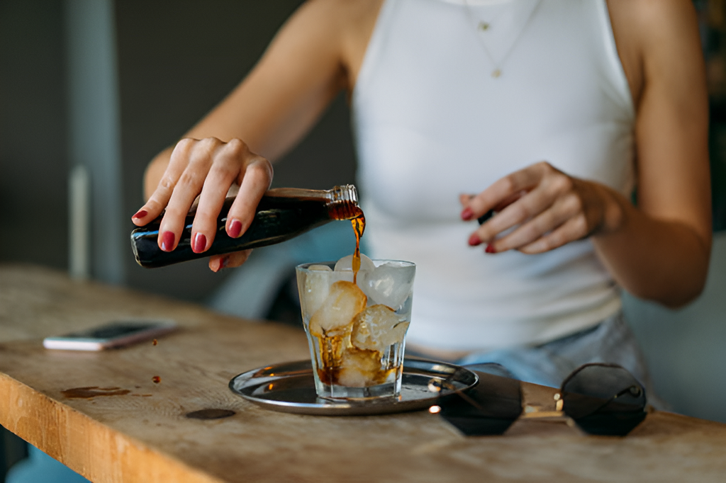 woman pouring cold brew from a bottle into a glass filled with ice cubes