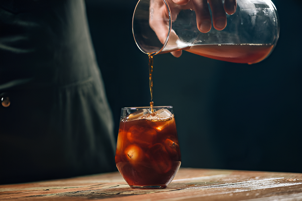 barista pouring cold brew coffee from a pitcher into a glass